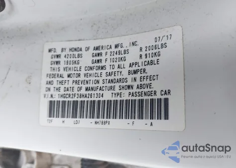 2017 Honda Accord Lx из США, поврежденный, VIN 1HGCR2F38HA261304